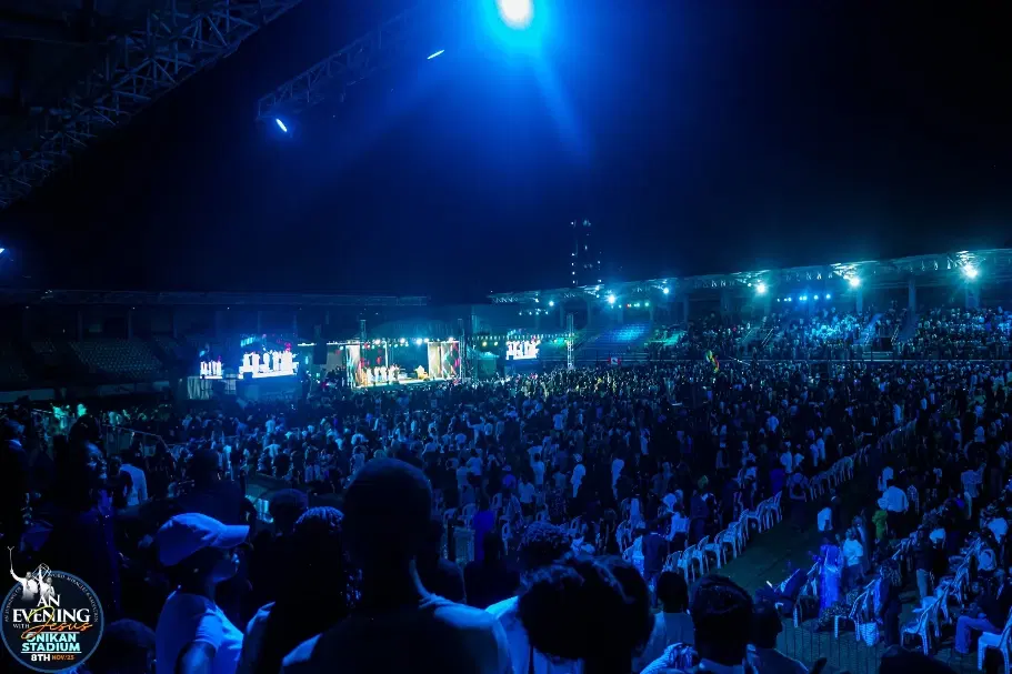 Drone view of the crowd filling Onikan Stadium, Lagos